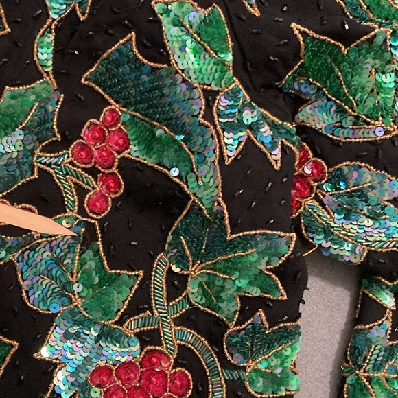 NITELINE Vintage Christmas Floral Sparkly Beaded Sequined Silk Jacket size XL - Picture 13 of 13